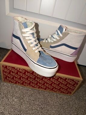 Vans Multi-Color High-Top Platform Sneakers in Blue, White, Beige, Lavender